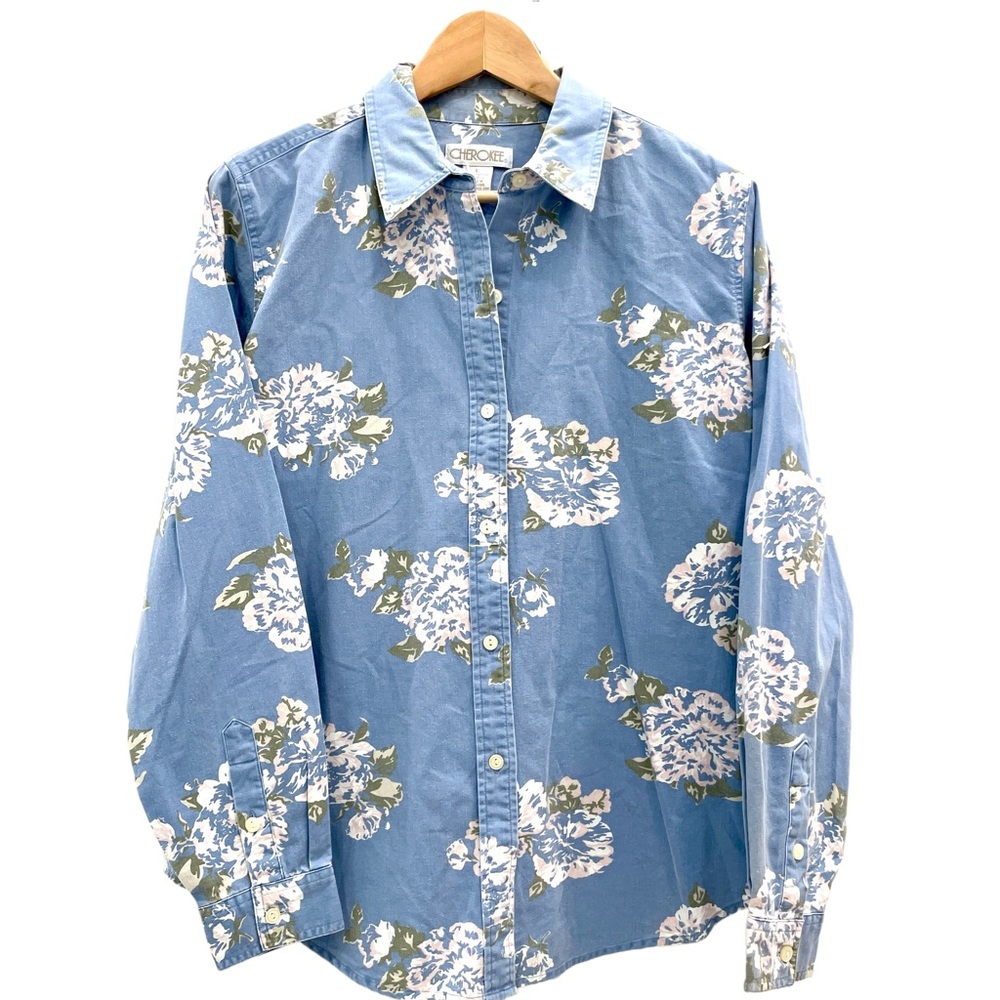 Cherokee Floral Printed Denim Button Down Top